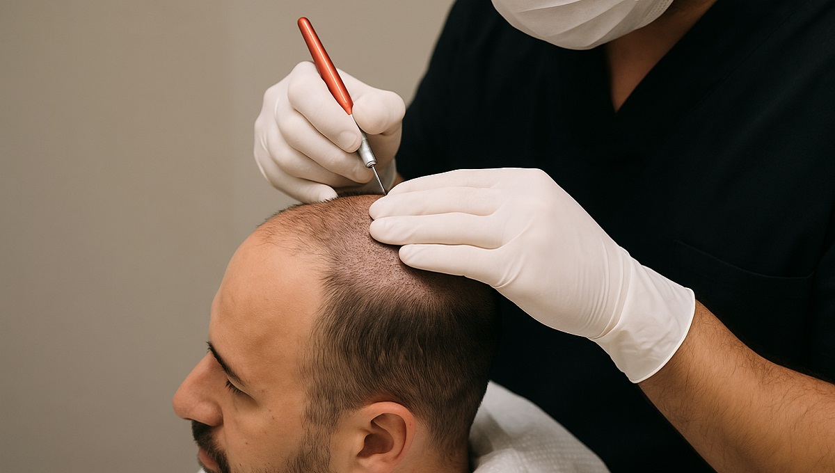 Close-up of implanted hair follicles on scalp