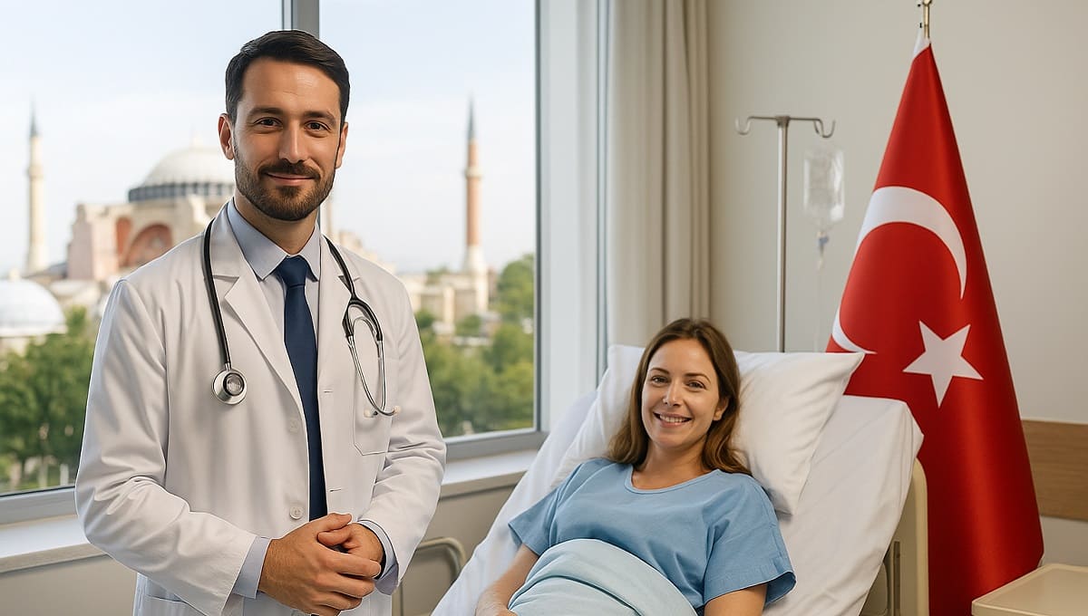 طبيب ومريض في غرفة المستشفى مع العلم التركي، يرمز إلى السياحة الطبية في تركيا
